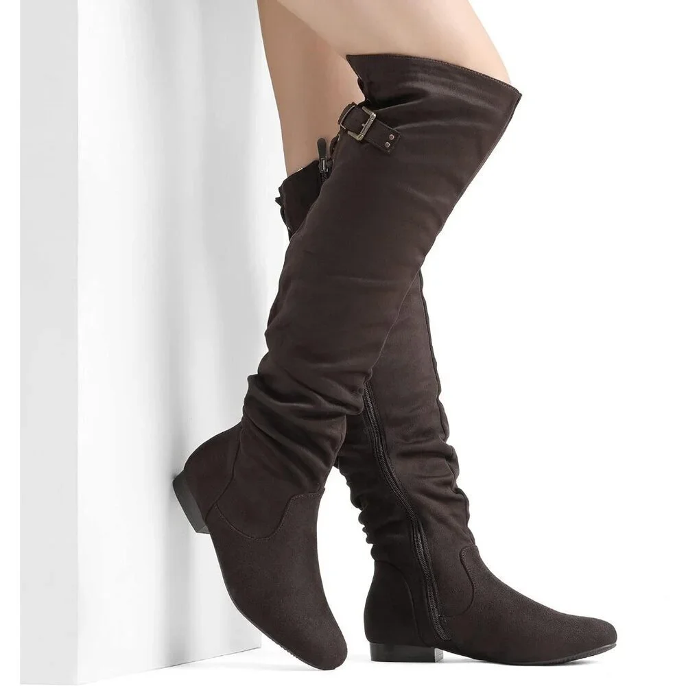 Women's Brown Suede Over The Knee Thigh High Winter Low Heel Western Boots